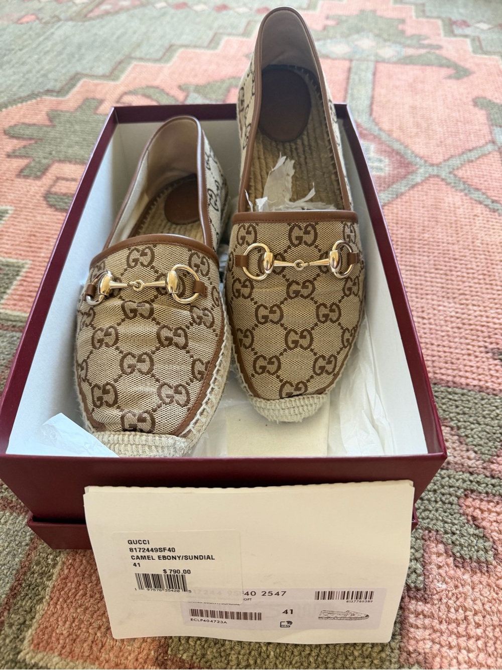 Gucci Beige Camel GG Canvas Horsebit Espadrille Loafers